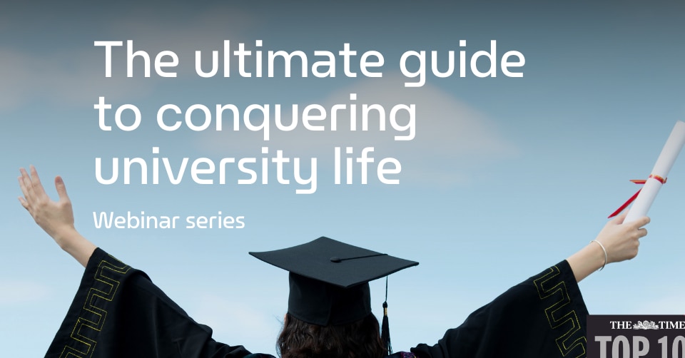Graduate in cap and gown with diploma captioned "The ultimate guide to conquiring university life. Webinar series"